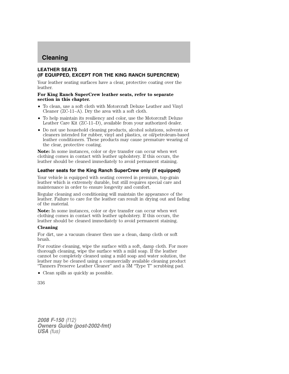 Cleaning | FORD 2008 F-150 v.1 User Manual | Page 336 / 400