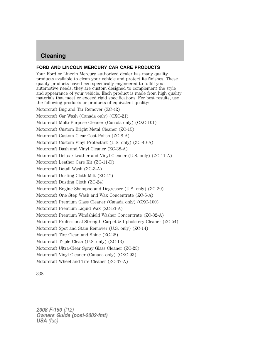 Cleaning | FORD 2008 F-150 v.1 User Manual | Page 338 / 400