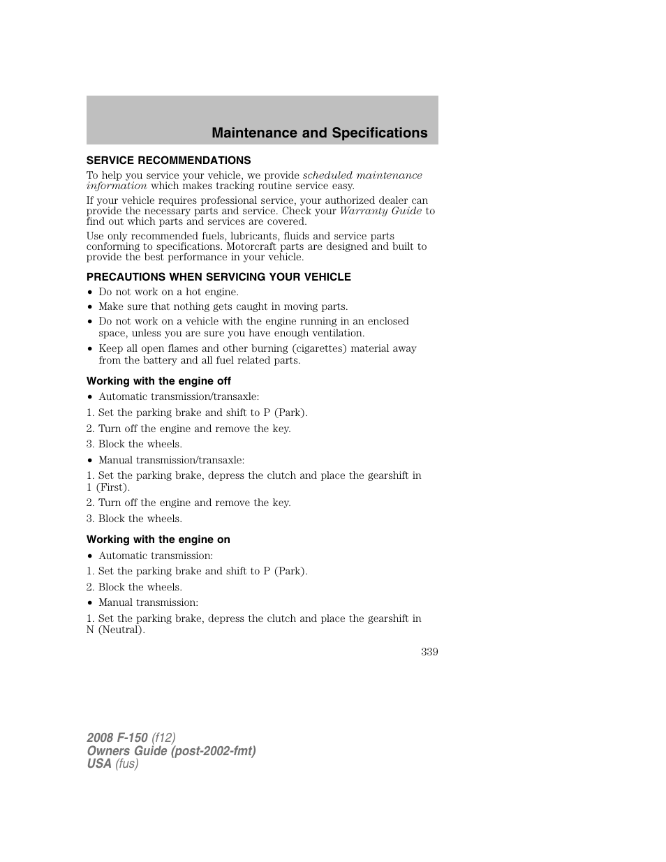 Maintenance and specifications | FORD 2008 F-150 v.1 User Manual | Page 339 / 400