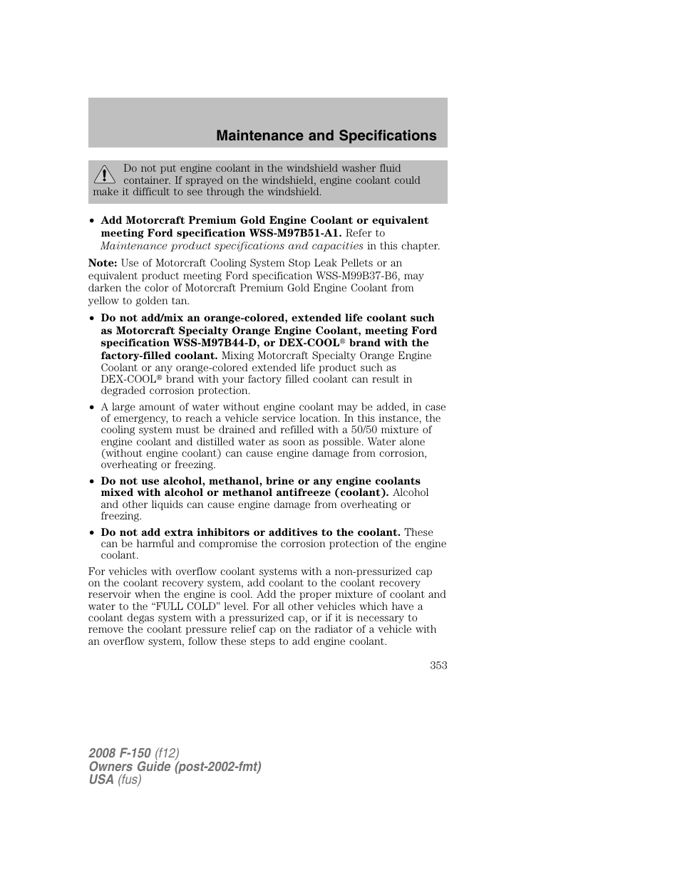 Maintenance and specifications | FORD 2008 F-150 v.1 User Manual | Page 353 / 400