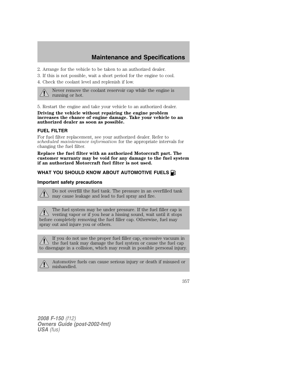 Maintenance and specifications | FORD 2008 F-150 v.1 User Manual | Page 357 / 400