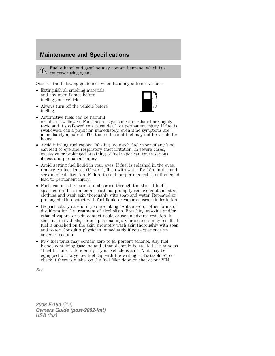 Maintenance and specifications | FORD 2008 F-150 v.1 User Manual | Page 358 / 400