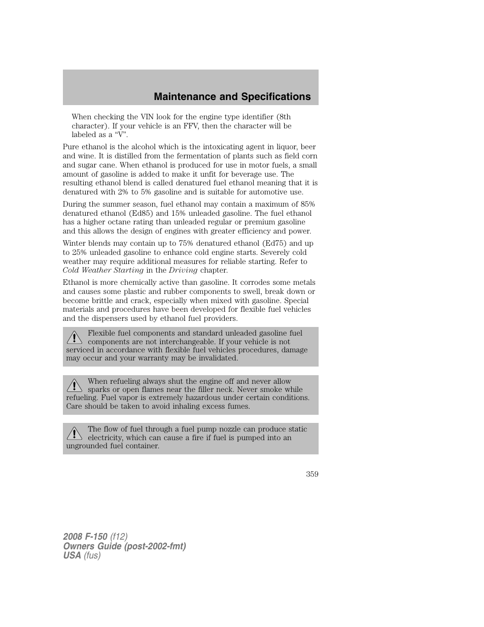 Maintenance and specifications | FORD 2008 F-150 v.1 User Manual | Page 359 / 400