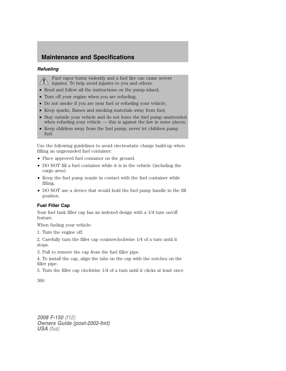 Maintenance and specifications | FORD 2008 F-150 v.1 User Manual | Page 360 / 400