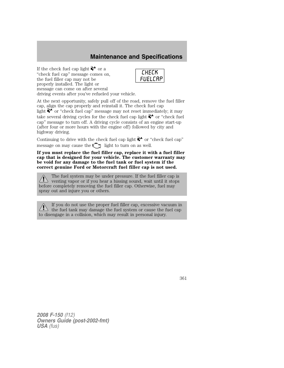 Maintenance and specifications | FORD 2008 F-150 v.1 User Manual | Page 361 / 400