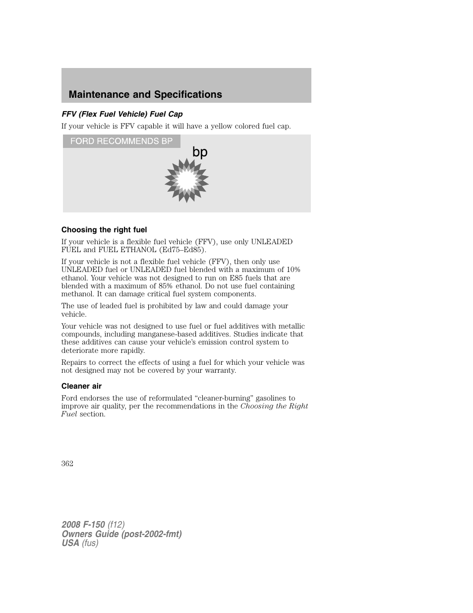 Maintenance and specifications | FORD 2008 F-150 v.1 User Manual | Page 362 / 400