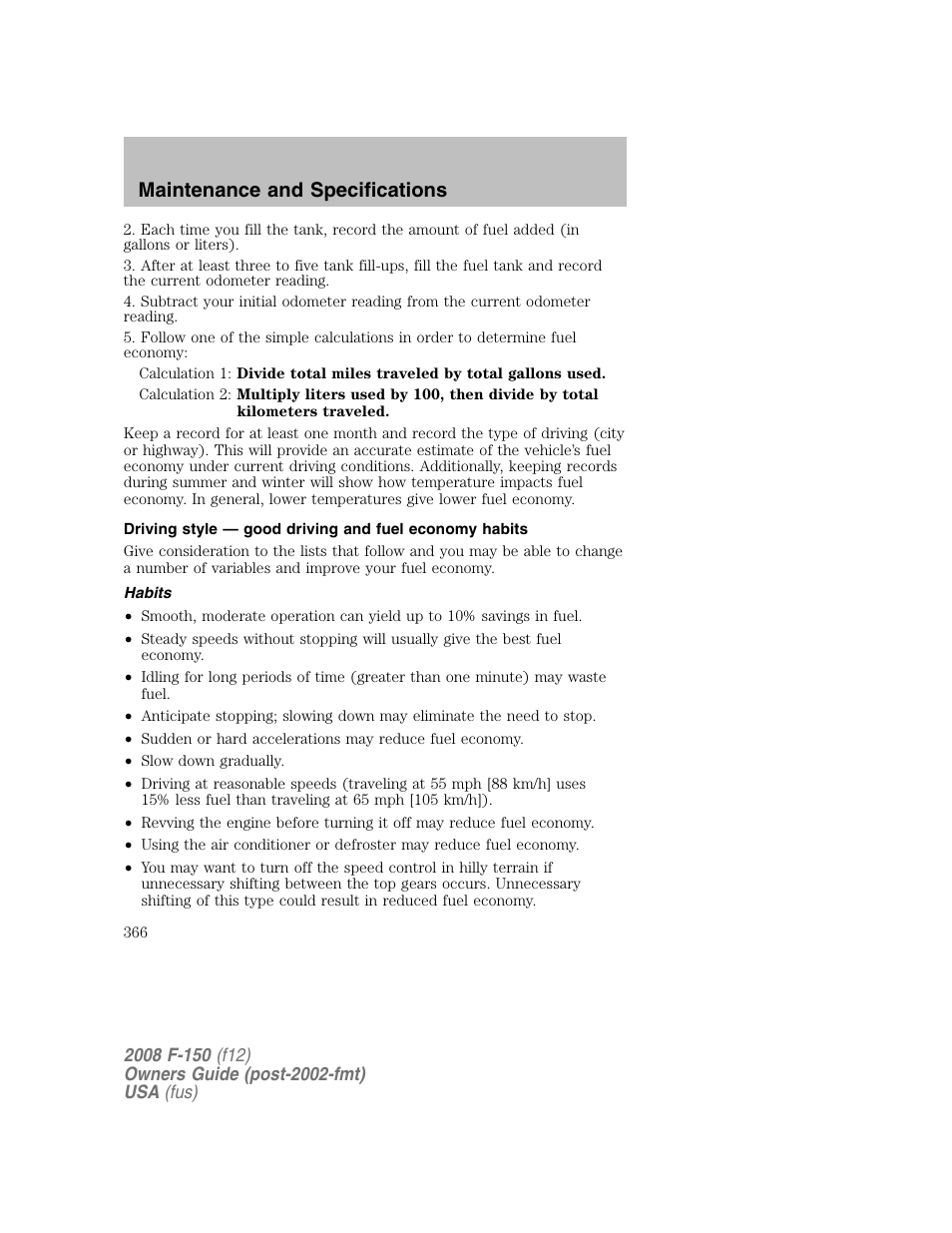 Maintenance and specifications | FORD 2008 F-150 v.1 User Manual | Page 366 / 400