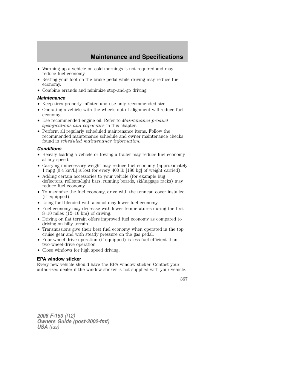 Maintenance and specifications | FORD 2008 F-150 v.1 User Manual | Page 367 / 400