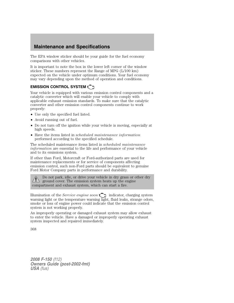 Maintenance and specifications | FORD 2008 F-150 v.1 User Manual | Page 368 / 400