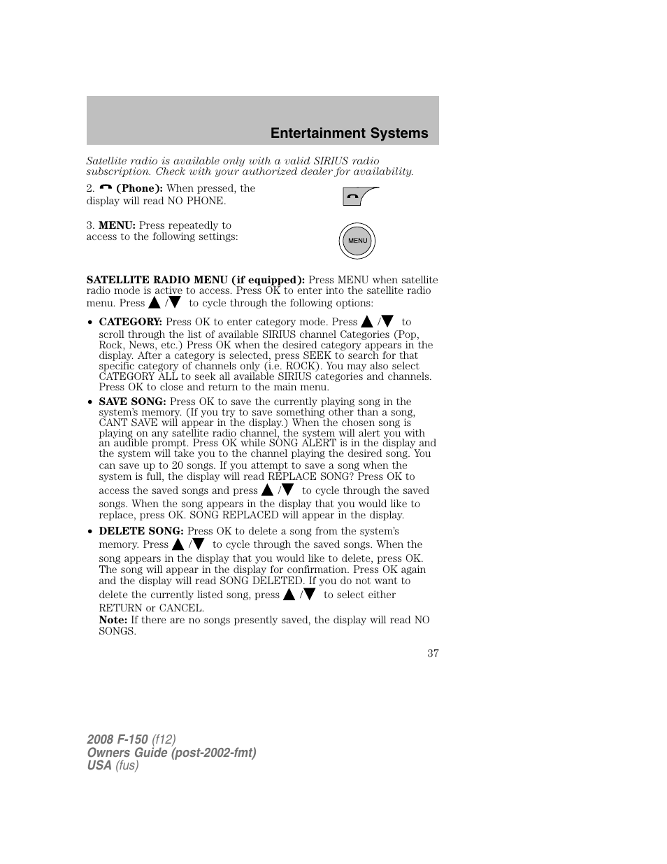 Entertainment systems | FORD 2008 F-150 v.1 User Manual | Page 37 / 400