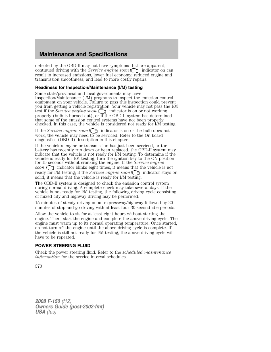 Maintenance and specifications | FORD 2008 F-150 v.1 User Manual | Page 370 / 400