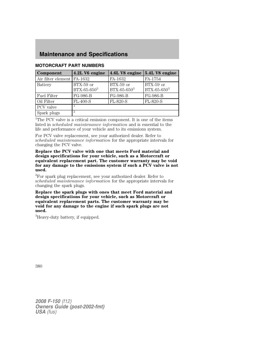 Maintenance and specifications | FORD 2008 F-150 v.1 User Manual | Page 380 / 400