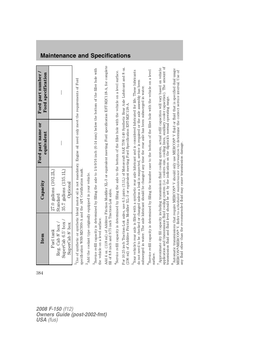 Maintenance and specifications | FORD 2008 F-150 v.1 User Manual | Page 384 / 400