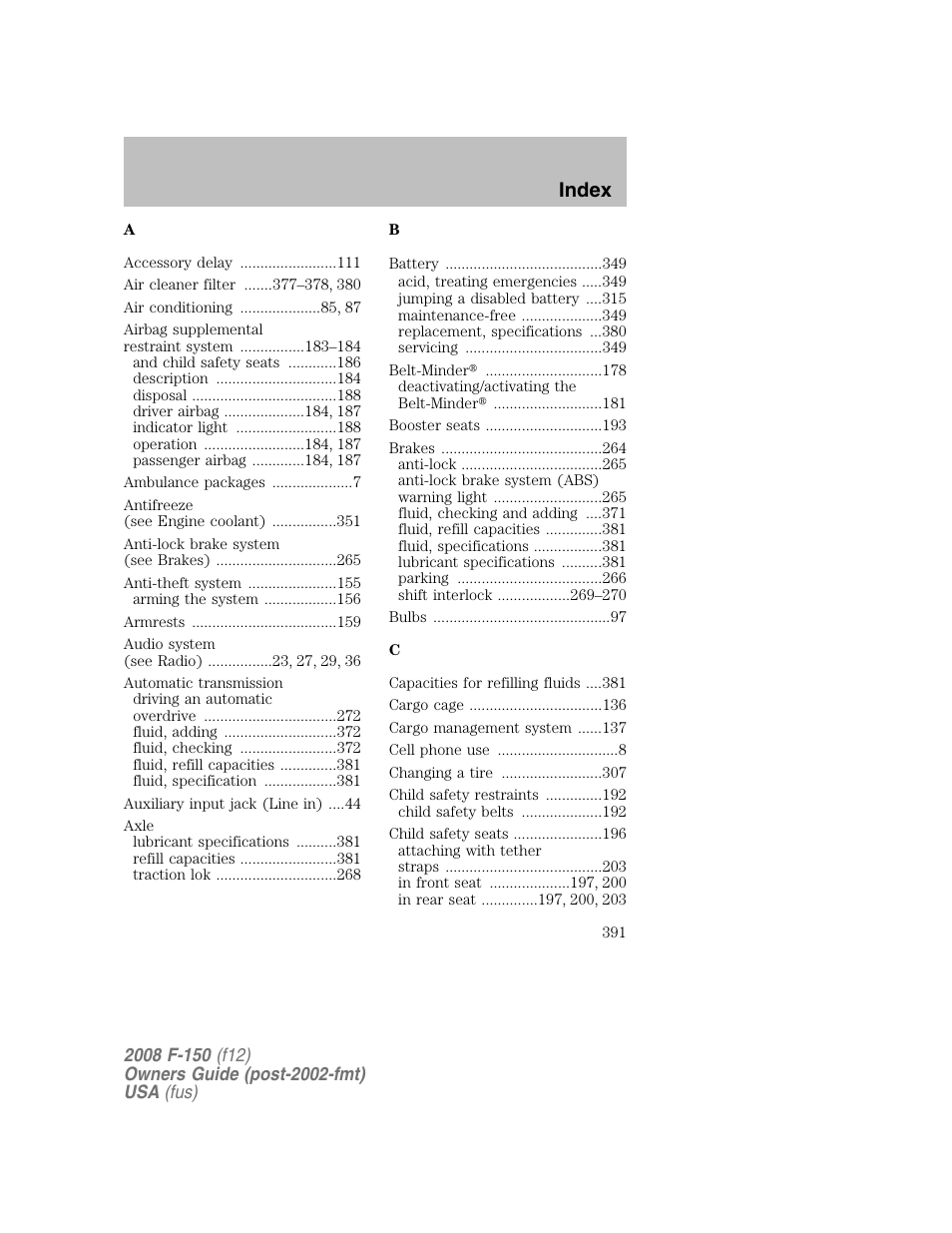 Index | FORD 2008 F-150 v.1 User Manual | Page 391 / 400