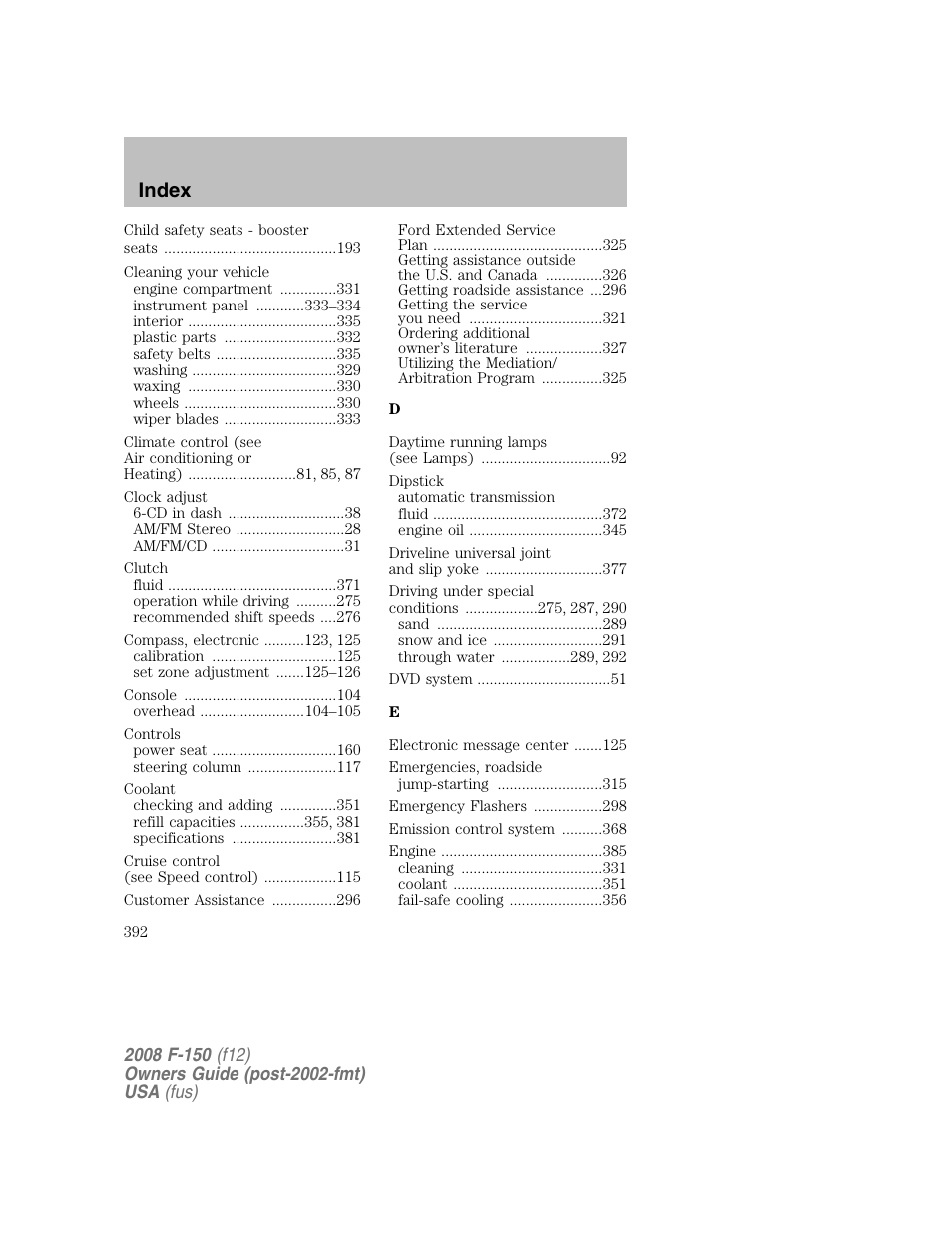 Index | FORD 2008 F-150 v.1 User Manual | Page 392 / 400