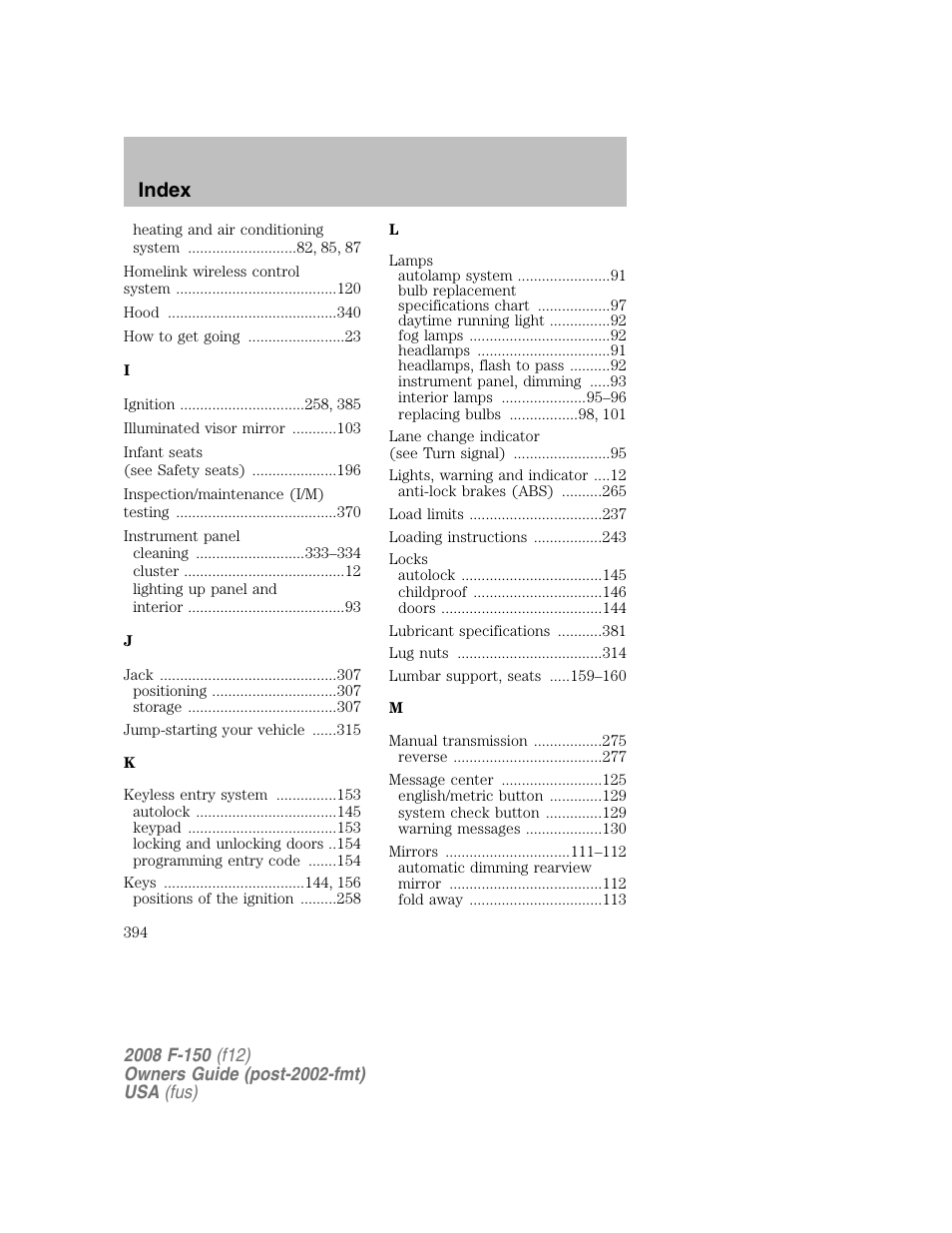 Index | FORD 2008 F-150 v.1 User Manual | Page 394 / 400