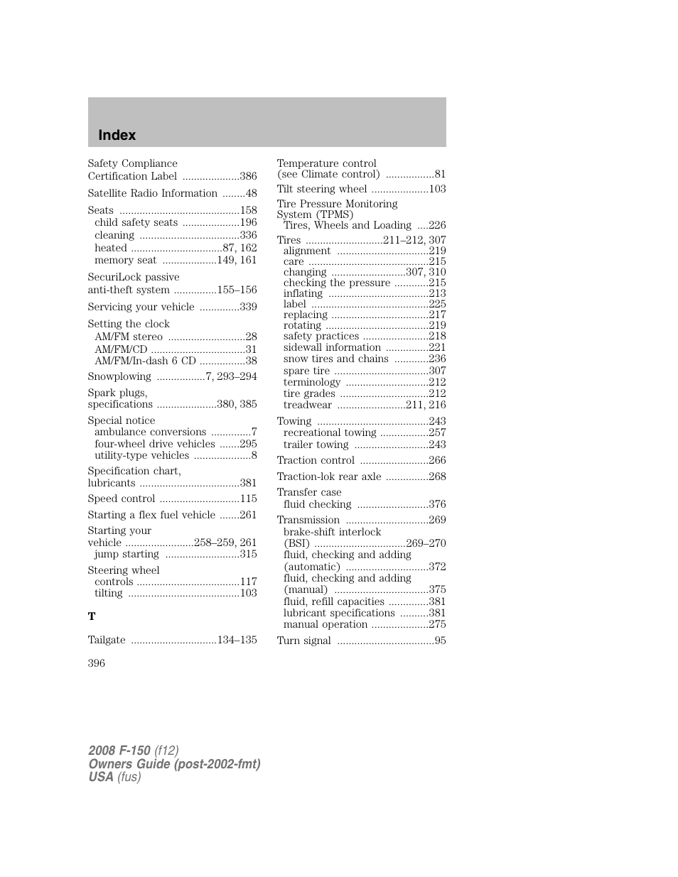 Index | FORD 2008 F-150 v.1 User Manual | Page 396 / 400