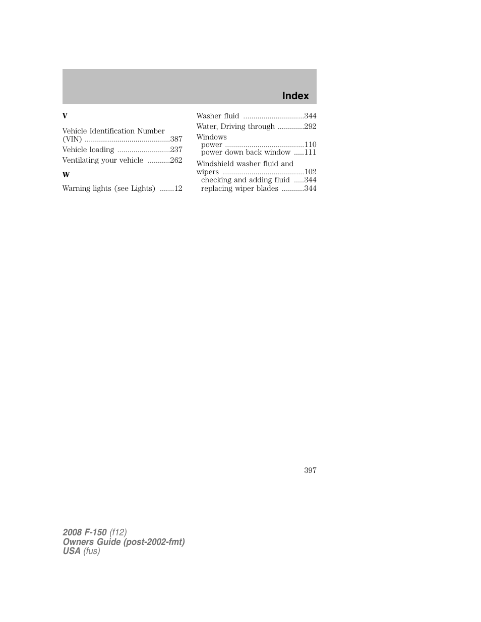 Index | FORD 2008 F-150 v.1 User Manual | Page 397 / 400