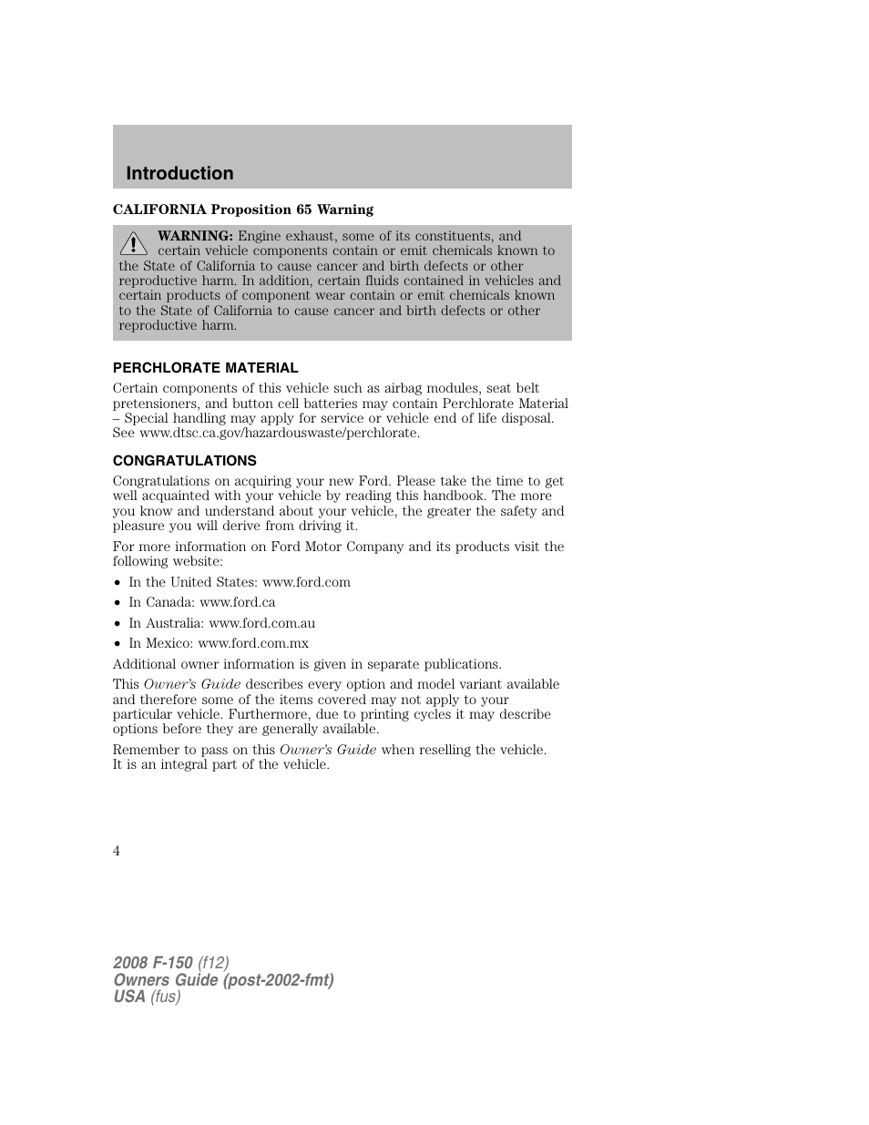 Introduction | FORD 2008 F-150 v.1 User Manual | Page 4 / 400