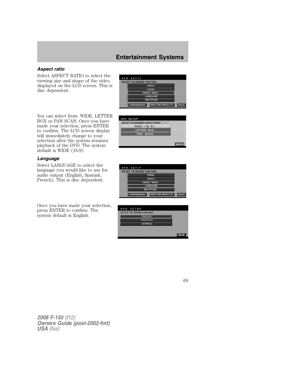 Entertainment systems | FORD 2008 F-150 v.1 User Manual | Page 69 / 400