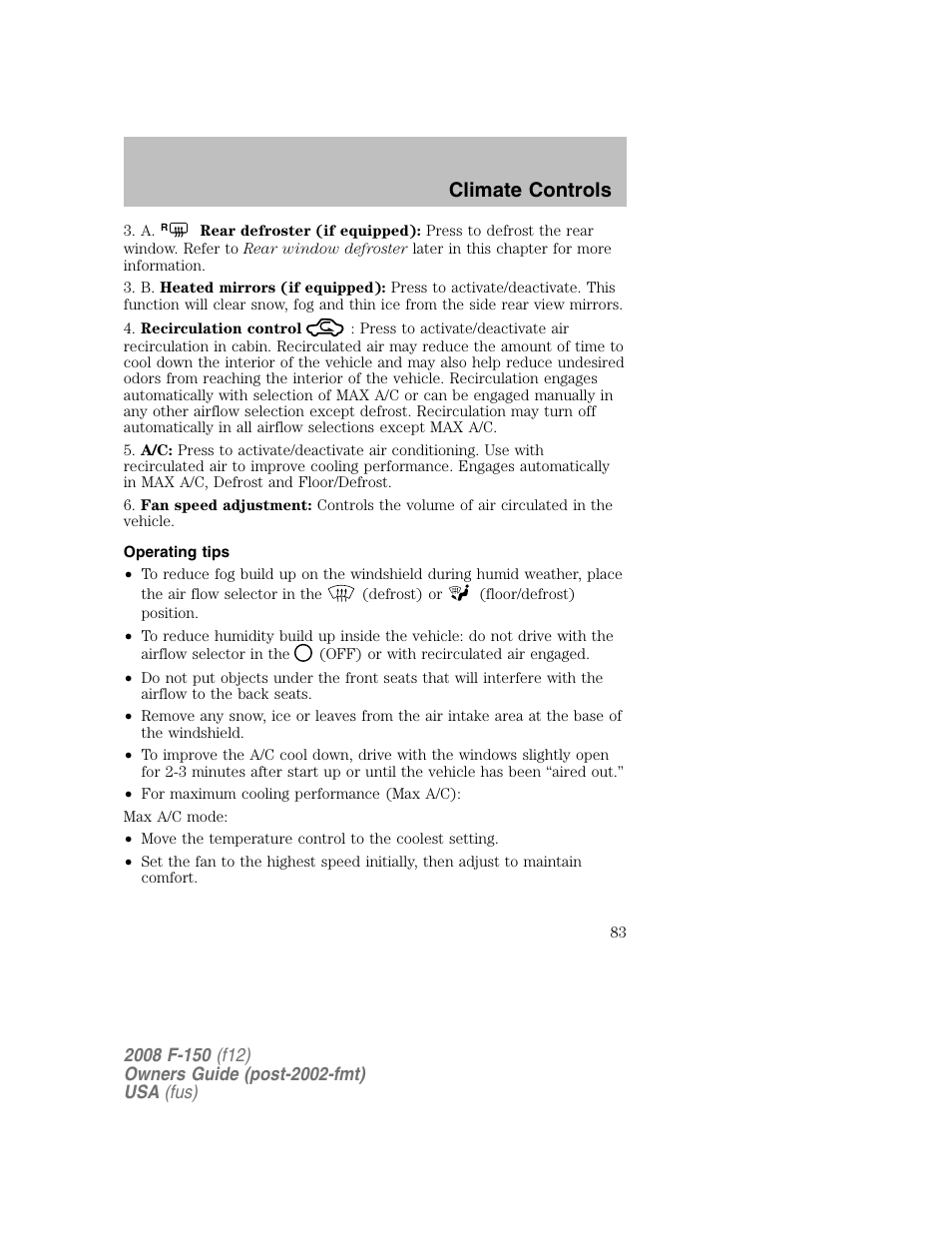 Climate controls | FORD 2008 F-150 v.1 User Manual | Page 83 / 400