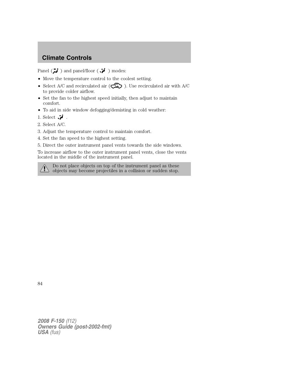 Climate controls | FORD 2008 F-150 v.1 User Manual | Page 84 / 400