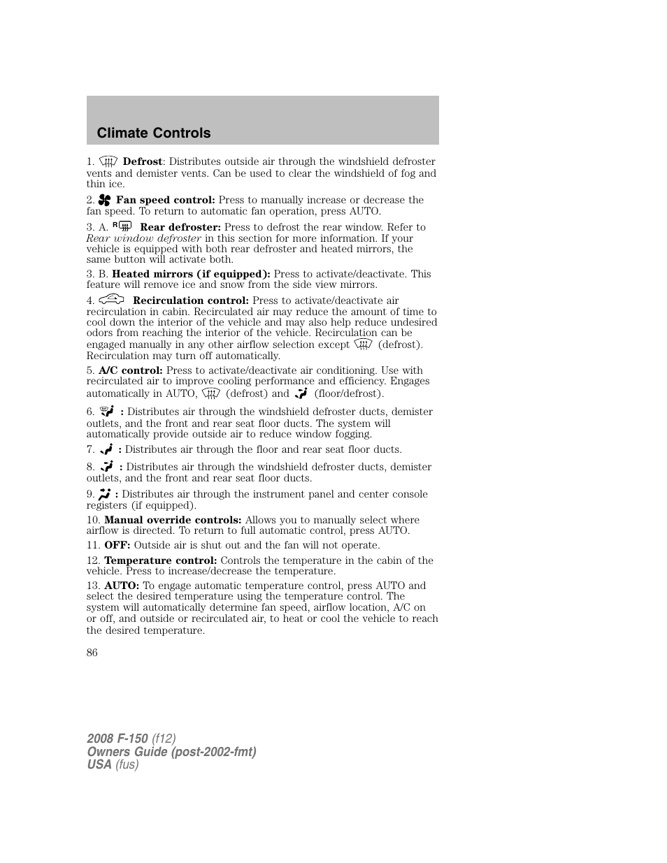 Climate controls | FORD 2008 F-150 v.1 User Manual | Page 86 / 400