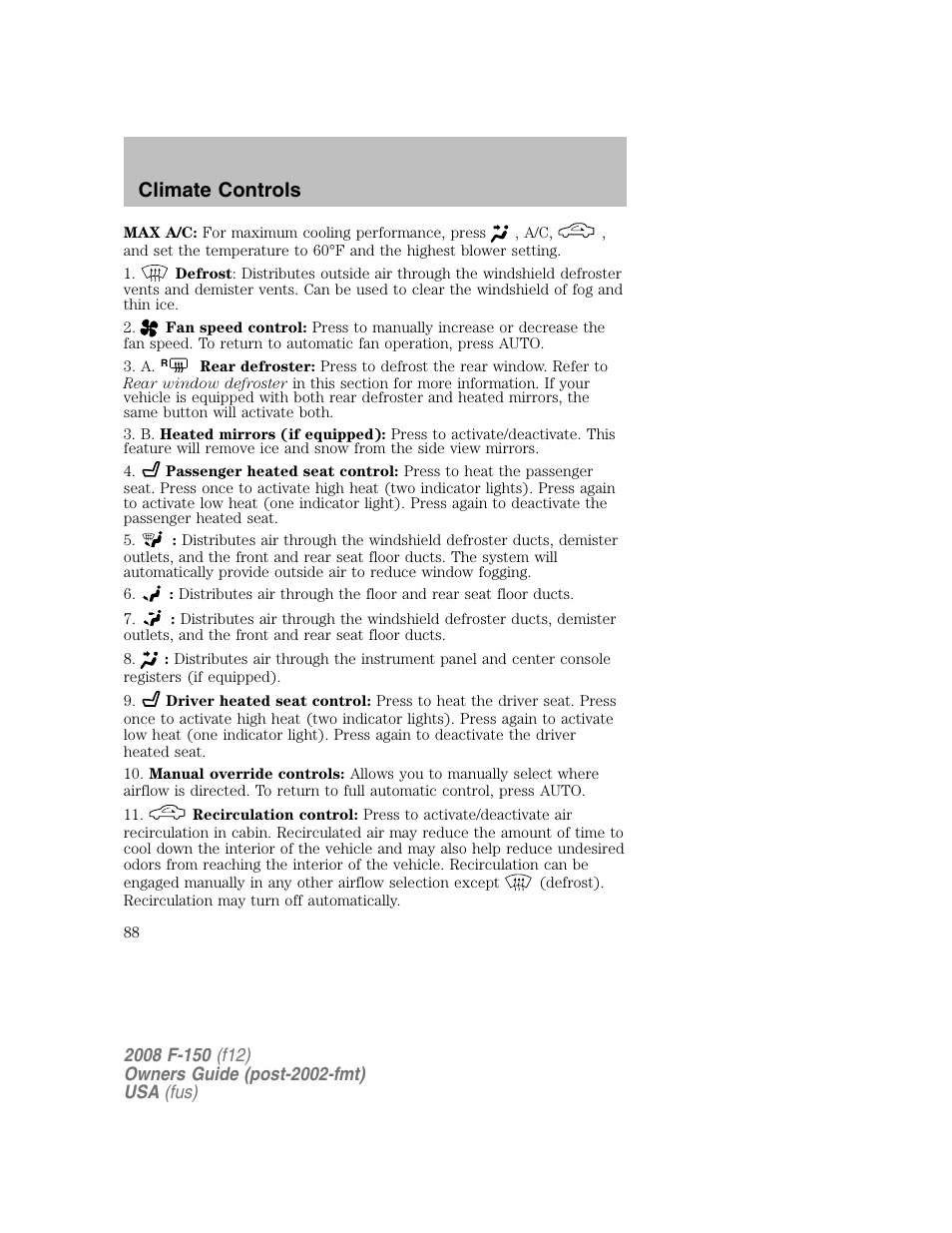 Climate controls | FORD 2008 F-150 v.1 User Manual | Page 88 / 400