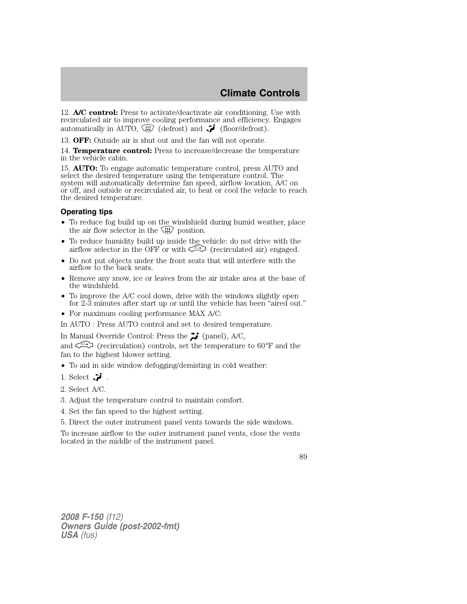 Climate controls | FORD 2008 F-150 v.1 User Manual | Page 89 / 400