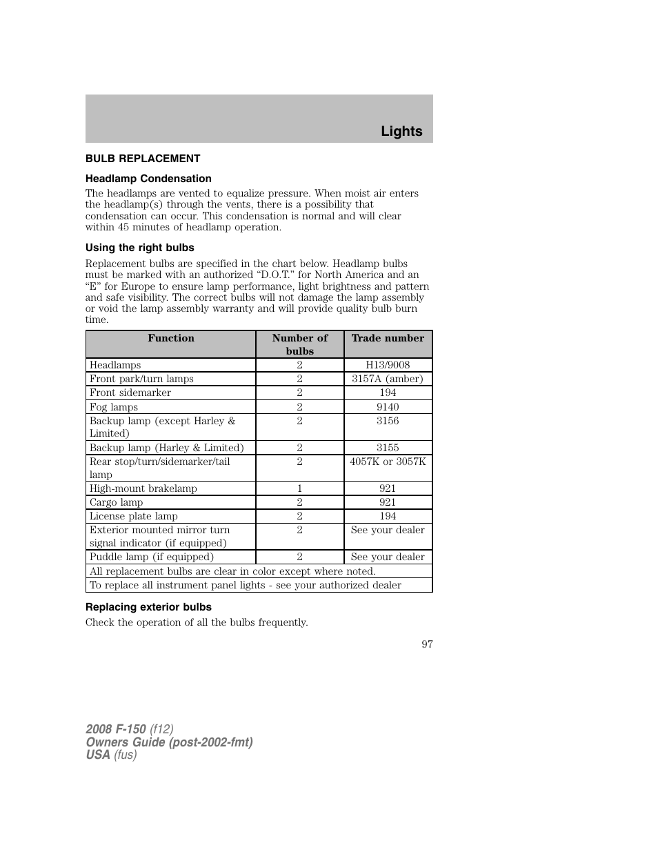 Lights | FORD 2008 F-150 v.1 User Manual | Page 97 / 400