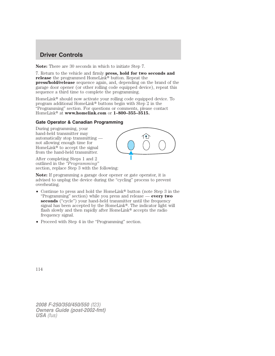 Gate operator & canadian programming, Driver controls | FORD 2008 F-550 v.1 User Manual | Page 114 / 368