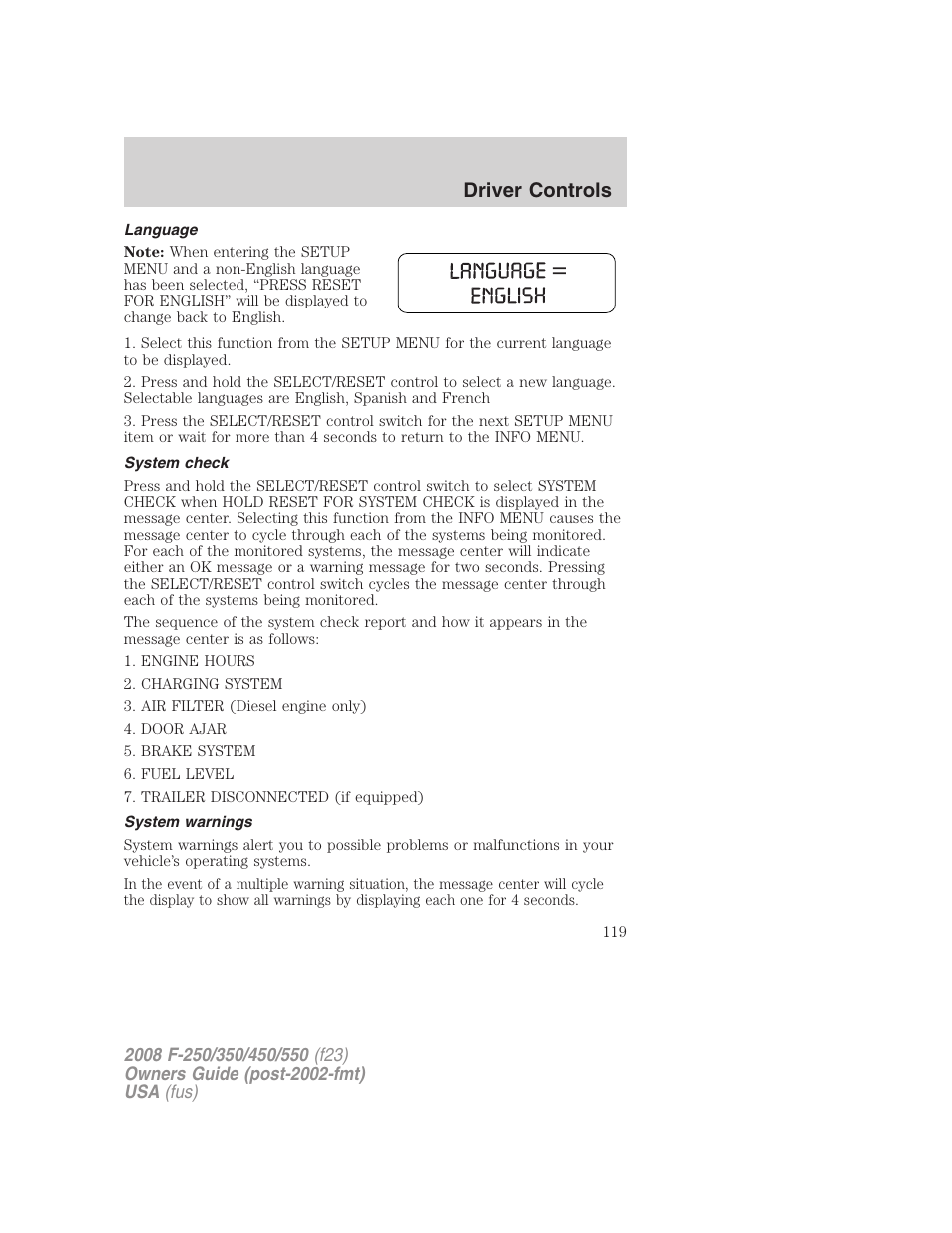 Driver controls | FORD 2008 F-550 v.1 User Manual | Page 119 / 368