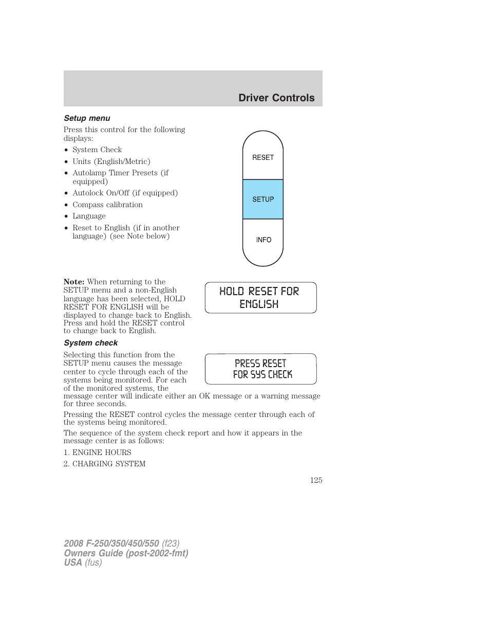 Setup menu, System check, Driver controls | FORD 2008 F-550 v.1 User Manual | Page 125 / 368