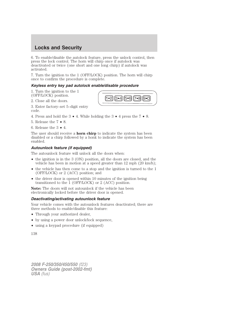 Autounlock feature (if equipped), Deactivating/activating autounlock feature, Locks and security | FORD 2008 F-550 v.1 User Manual | Page 138 / 368