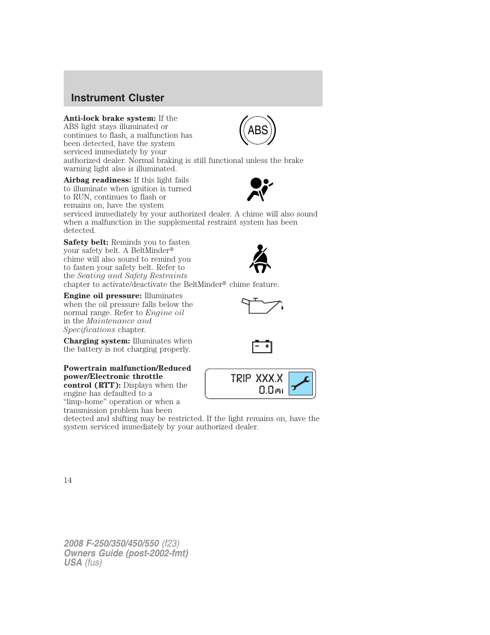 Instrument cluster | FORD 2008 F-550 v.1 User Manual | Page 14 / 368