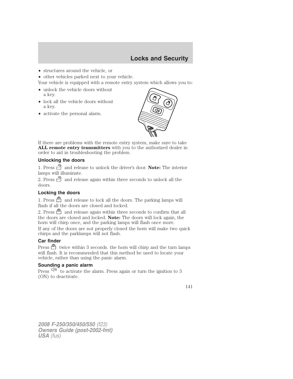 Unlocking the doors, Locking the doors, Car finder | Sounding a panic alarm, Locks and security | FORD 2008 F-550 v.1 User Manual | Page 141 / 368