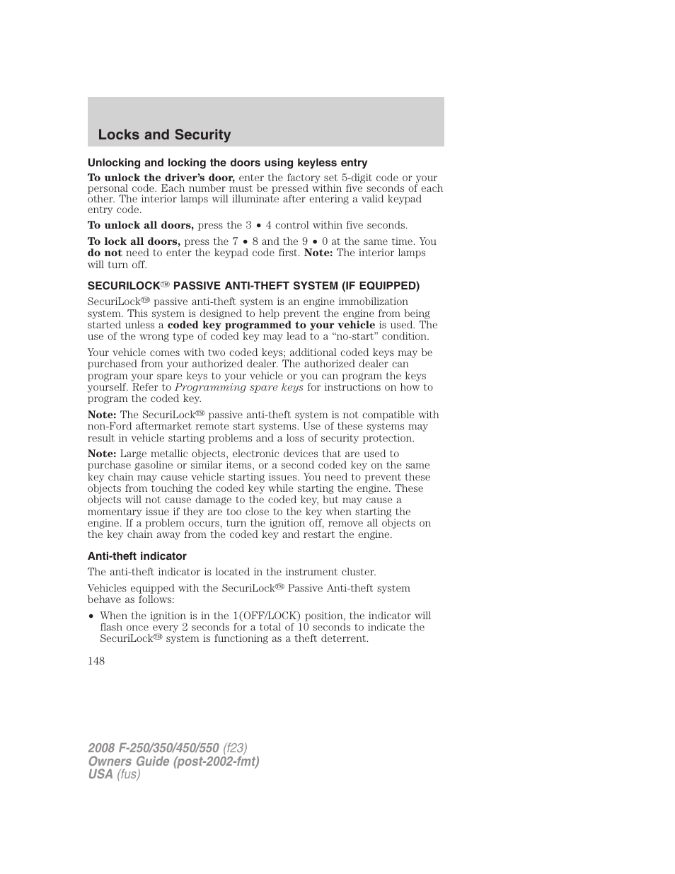 Securilock passive anti-theft system (if equipped), Anti-theft indicator, Anti-theft system | Locks and security | FORD 2008 F-550 v.1 User Manual | Page 148 / 368