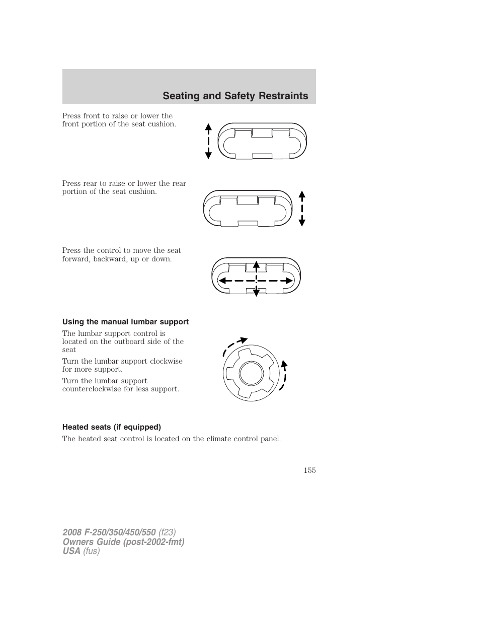 Using the manual lumbar support, Heated seats (if equipped), Seating and safety restraints | FORD 2008 F-550 v.1 User Manual | Page 155 / 368