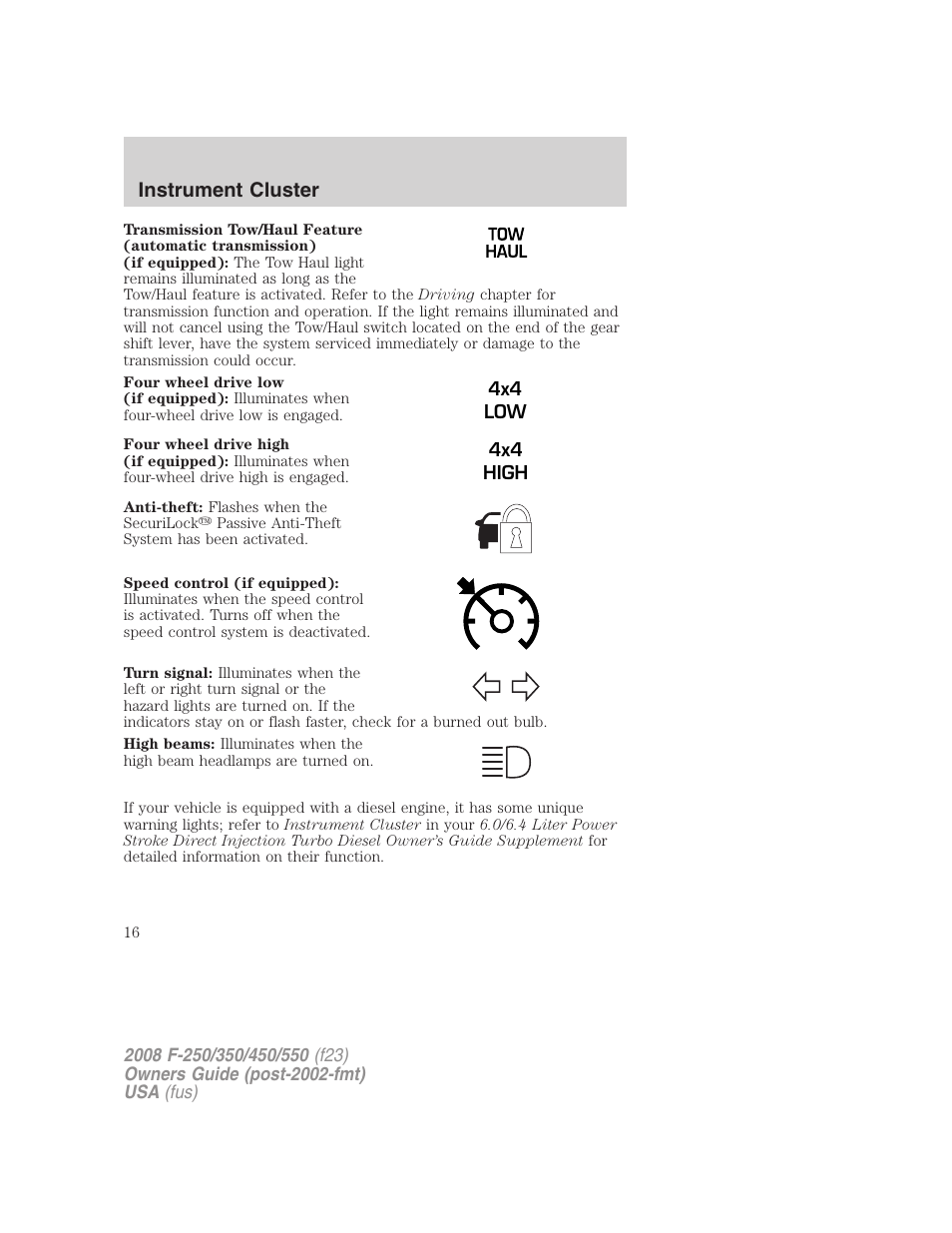 Instrument cluster | FORD 2008 F-550 v.1 User Manual | Page 16 / 368