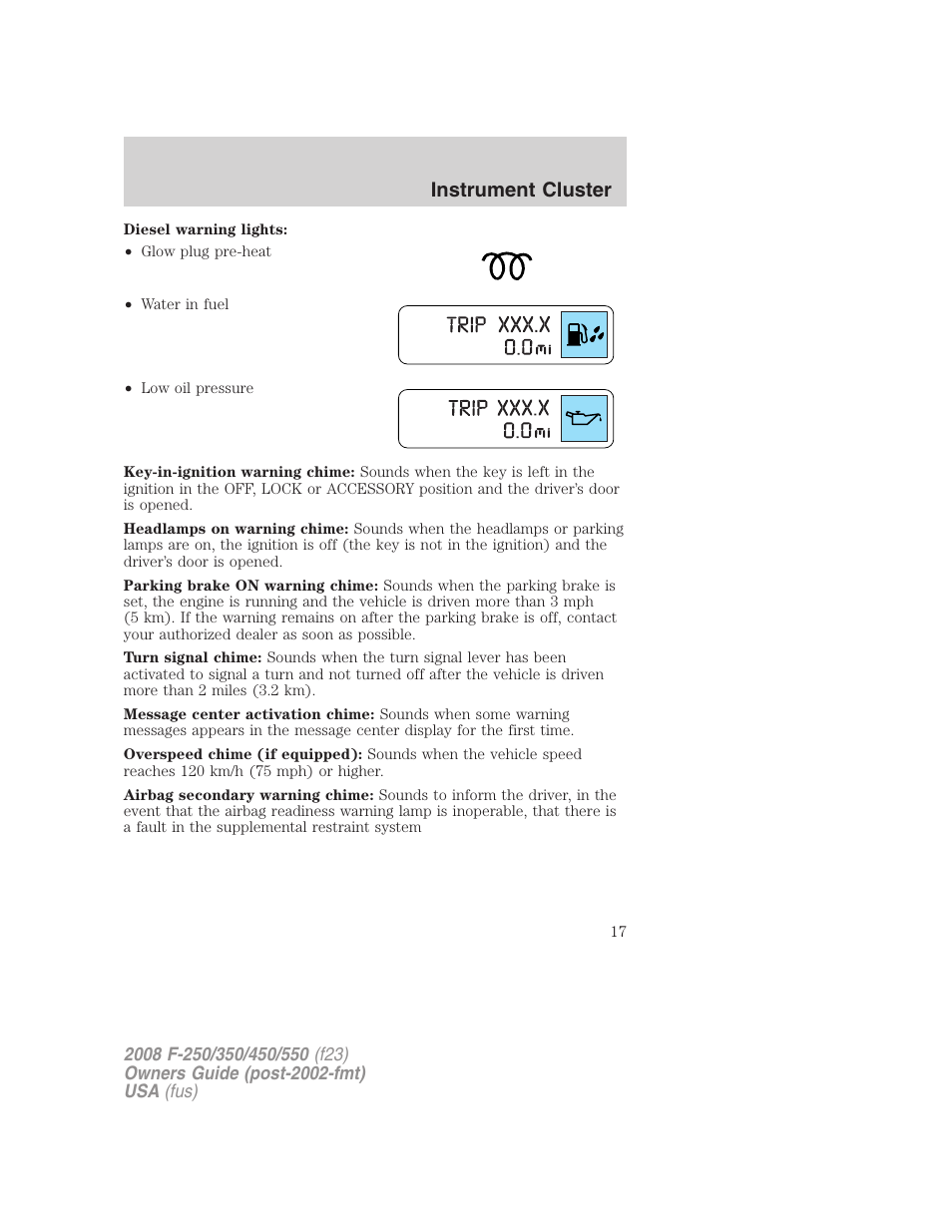 Instrument cluster | FORD 2008 F-550 v.1 User Manual | Page 17 / 368