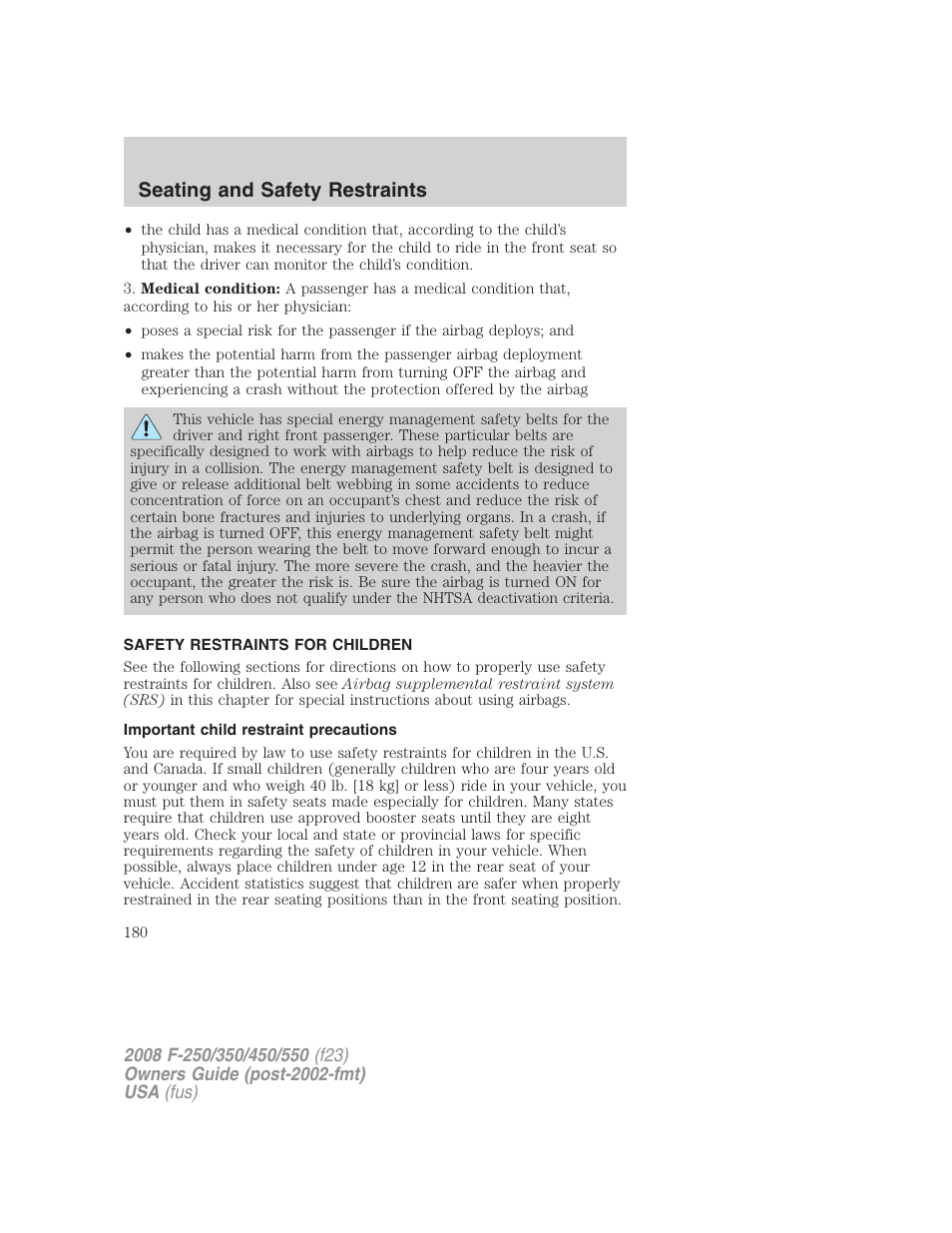 Safety restraints for children, Important child restraint precautions, Child restraints | Seating and safety restraints | FORD 2008 F-550 v.1 User Manual | Page 180 / 368