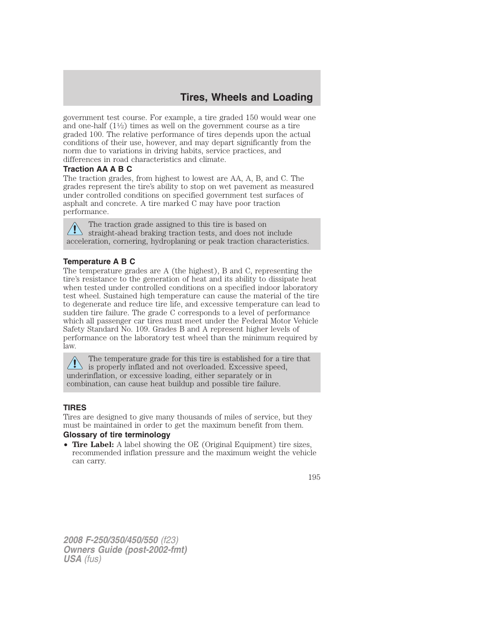 Traction aa a b c, Temperature a b c, Tires | Glossary of tire terminology, Tire information, Tires, wheels and loading | FORD 2008 F-550 v.1 User Manual | Page 195 / 368
