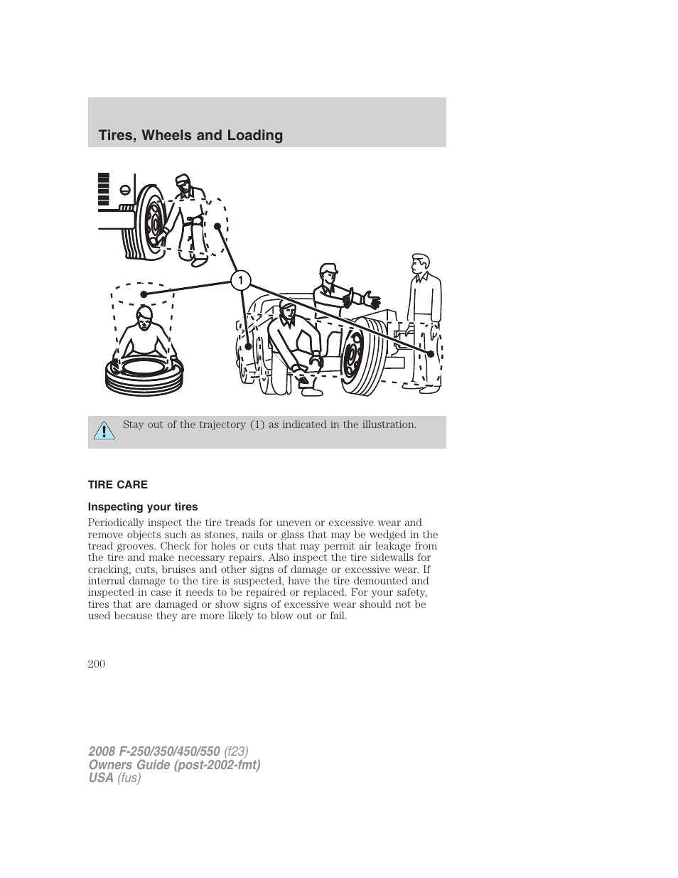 Tire care, Inspecting your tires, Tires, wheels and loading | FORD 2008 F-550 v.1 User Manual | Page 200 / 368