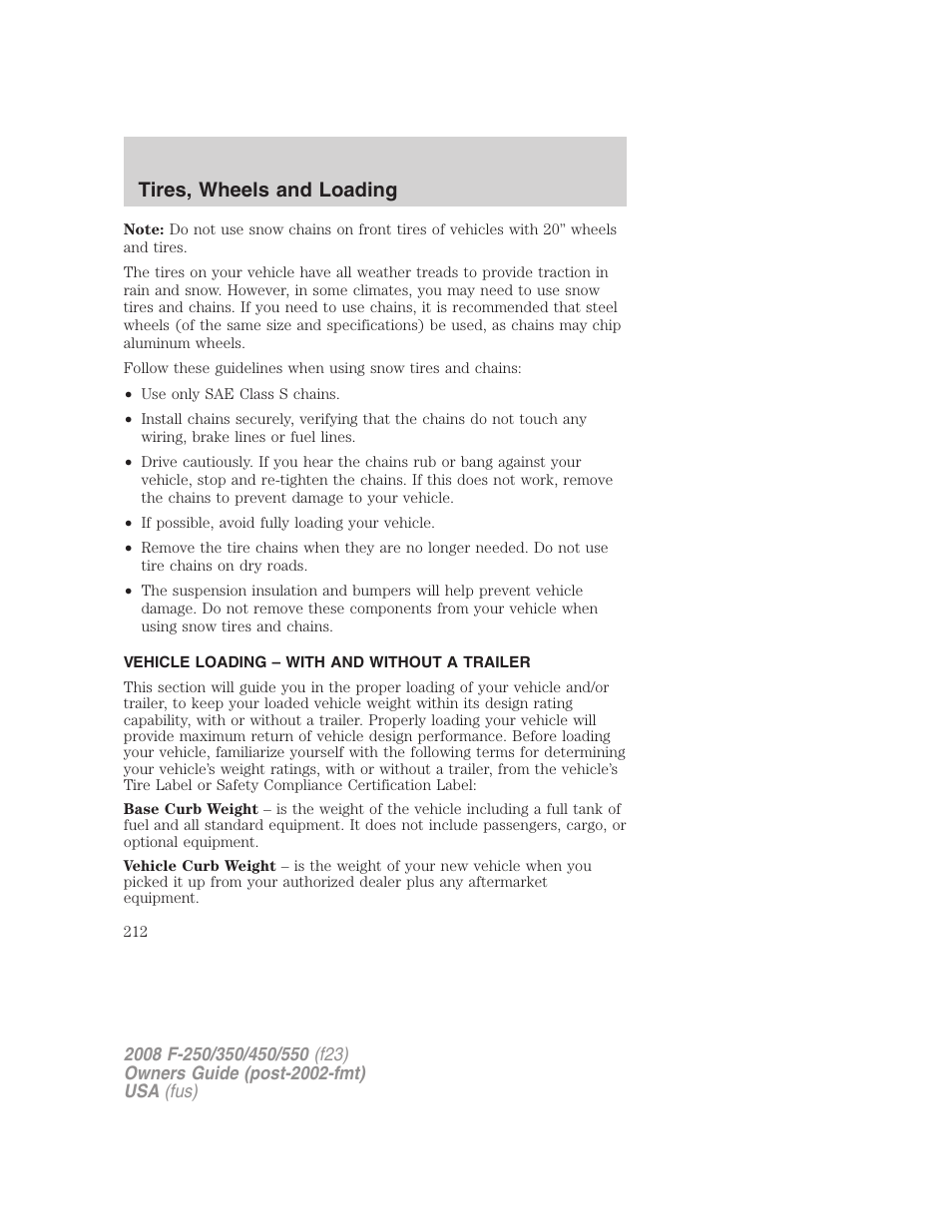 Vehicle loading – with and without a trailer, Vehicle loading, Tires, wheels and loading | FORD 2008 F-550 v.1 User Manual | Page 212 / 368