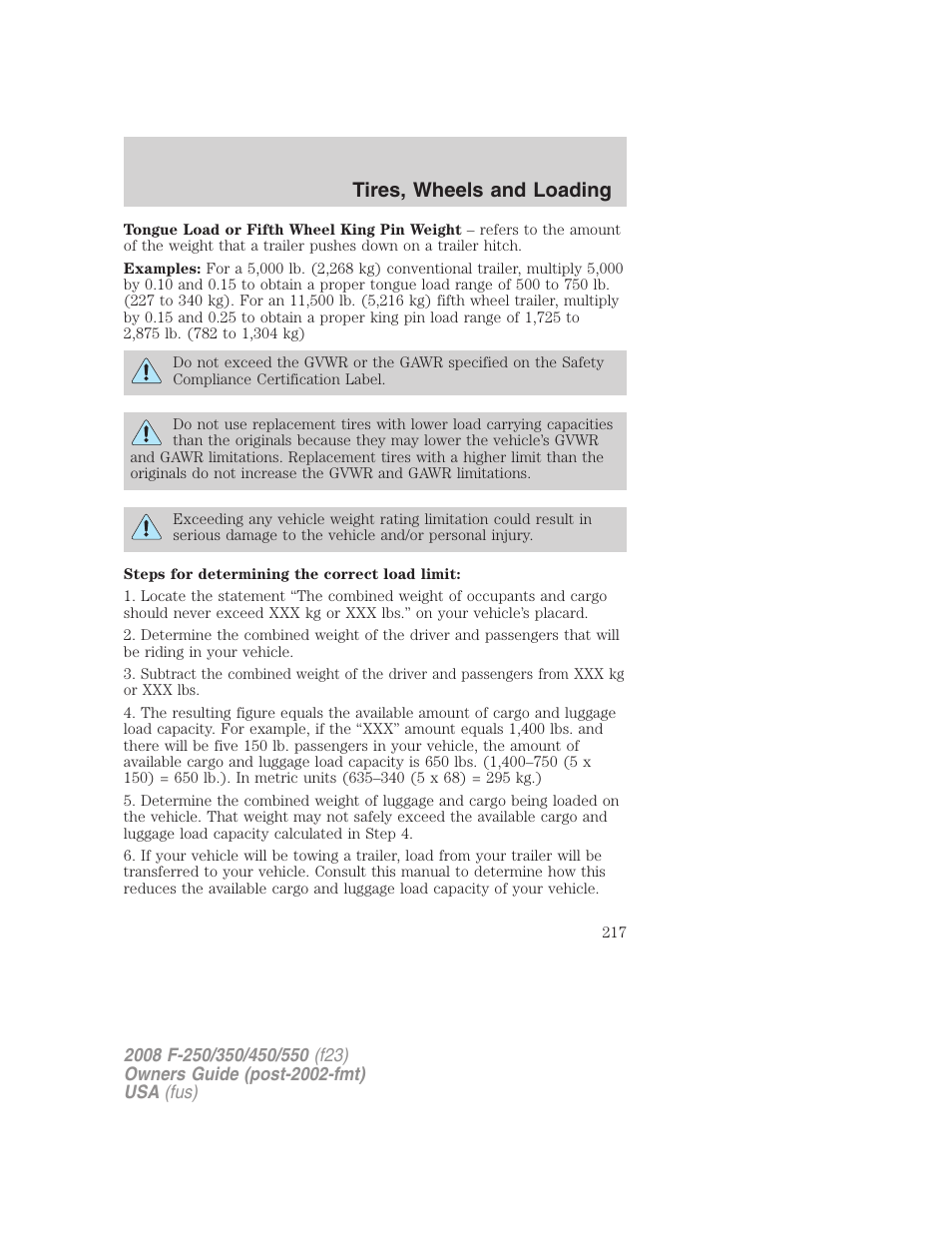 Tires, wheels and loading | FORD 2008 F-550 v.1 User Manual | Page 217 / 368