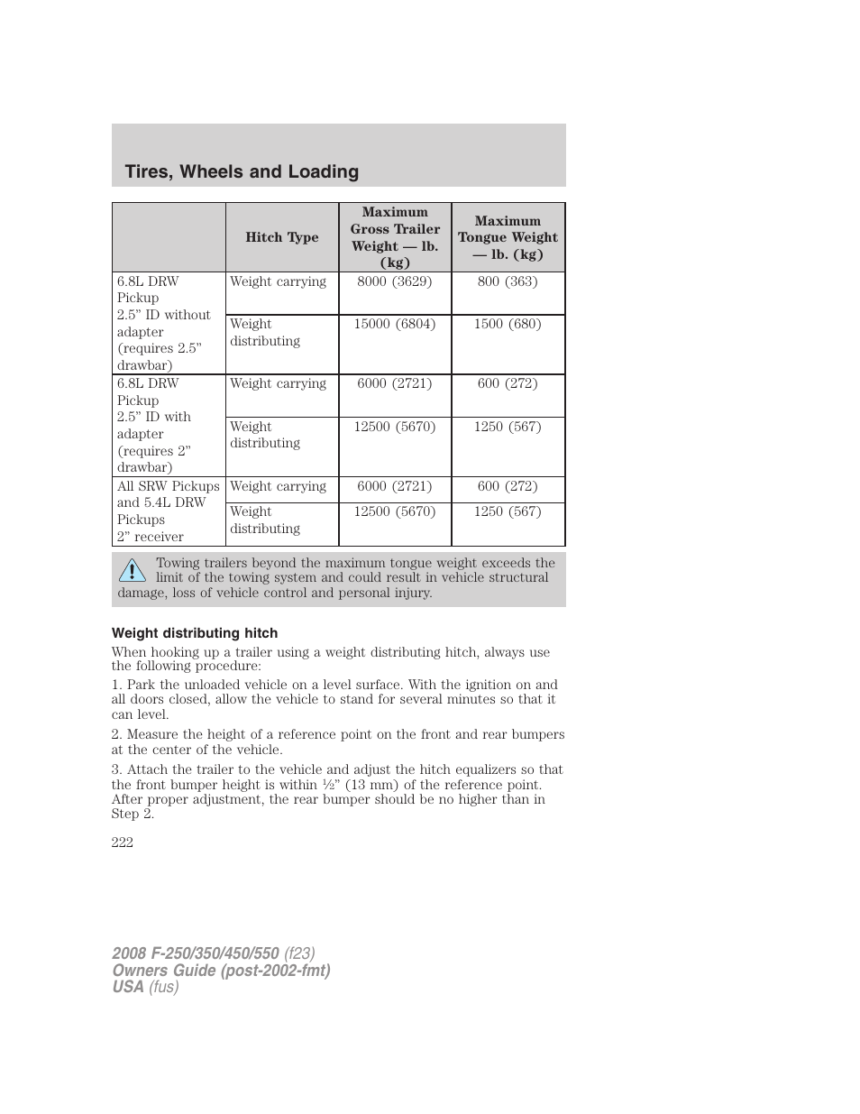 Weight distributing hitch, Tires, wheels and loading | FORD 2008 F-550 v.1 User Manual | Page 222 / 368