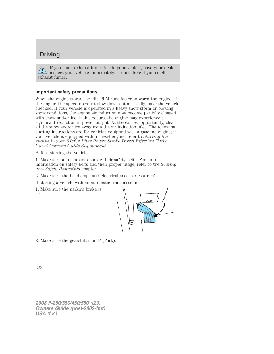 Important safety precautions, Driving | FORD 2008 F-550 v.1 User Manual | Page 232 / 368