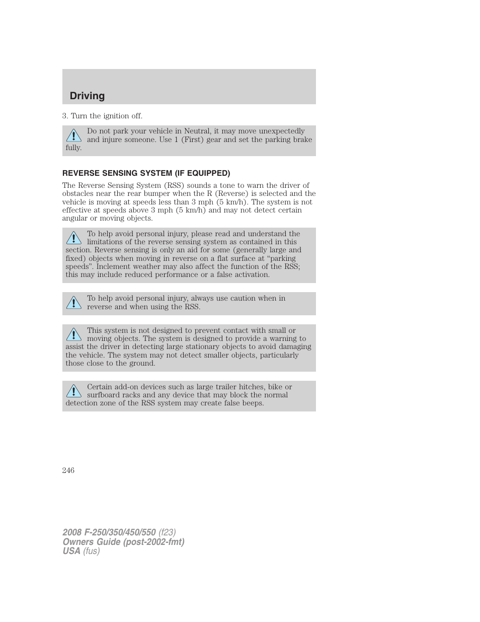 Reverse sensing system (if equipped), Driving | FORD 2008 F-550 v.1 User Manual | Page 246 / 368