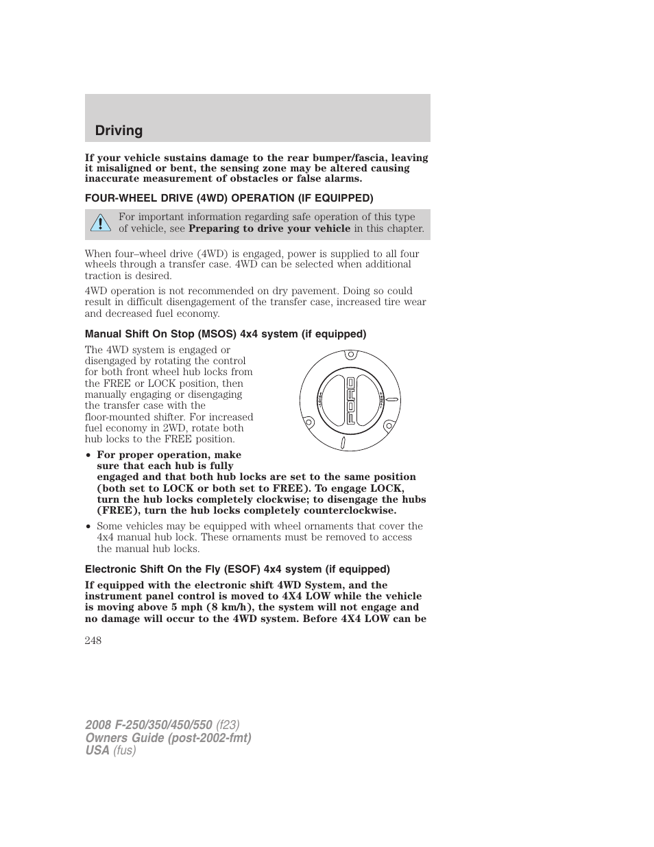 Four-wheel drive (4wd) operation (if equipped), Driving | FORD 2008 F-550 v.1 User Manual | Page 248 / 368