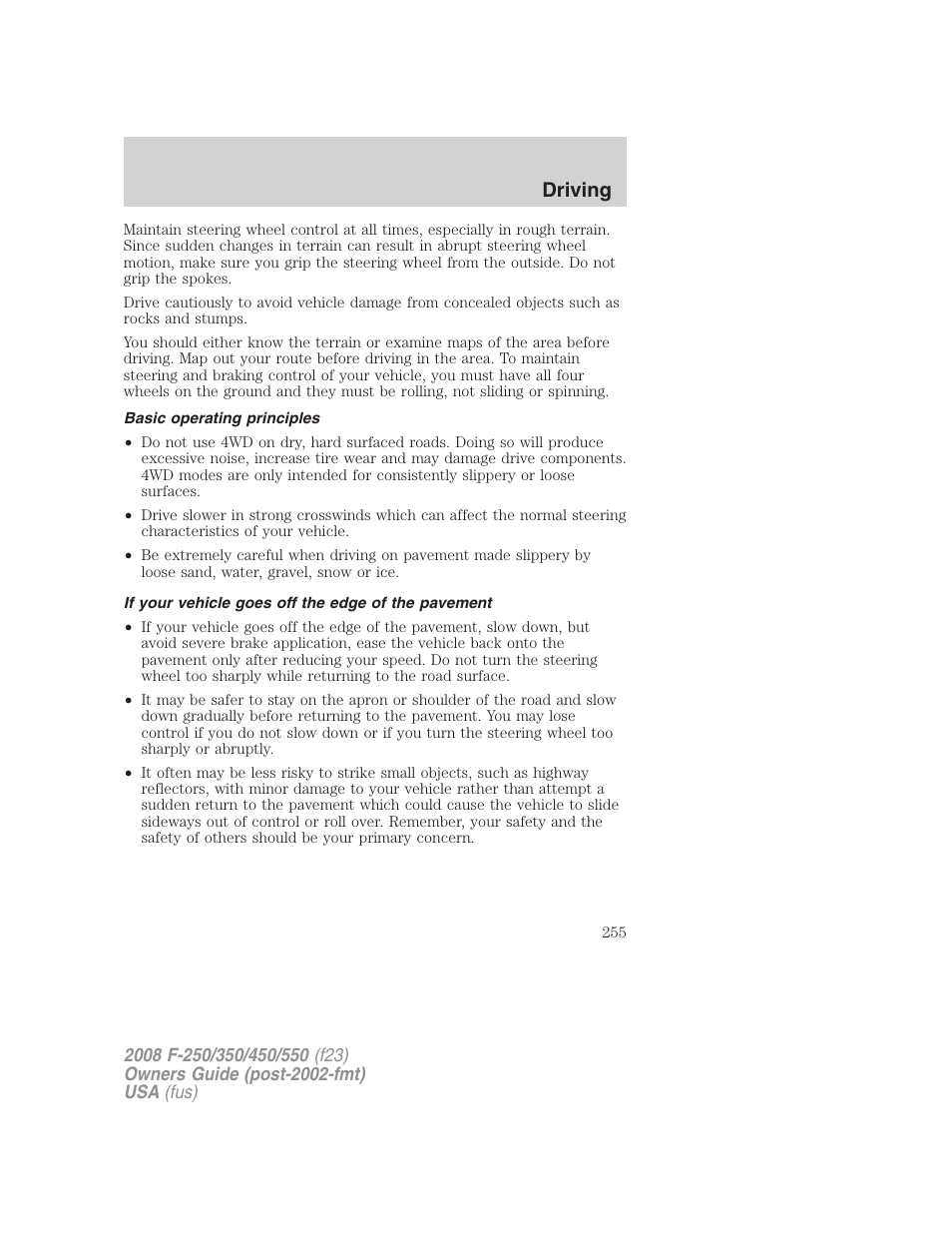 Basic operating principles, If your vehicle goes off the edge of the pavement, Driving | FORD 2008 F-550 v.1 User Manual | Page 255 / 368
